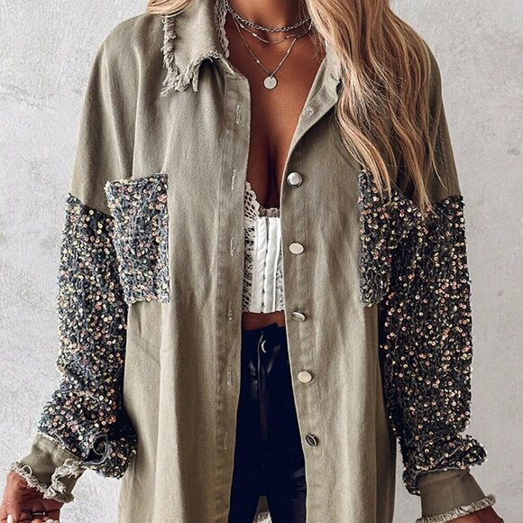 Khaki Party Women's Turn-Down Collar Contrast Sequin Raw Hem Button Down Shacket - Picture 3 of 5